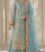 blue chiffon semi stitched suit with embroidery & sequence work