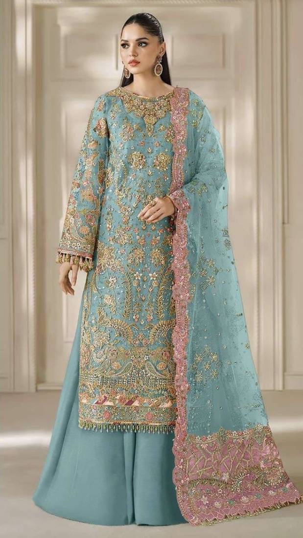 blue chiffon semi stitched suit with embroidery & sequence work