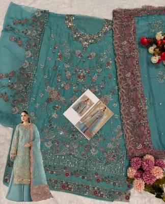 blue chiffon semi stitched suit with embroidery & sequence work 2