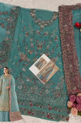 blue chiffon semi stitched suit with embroidery & sequence work