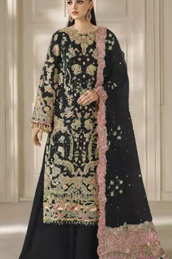 black chiffon semi stitched suit with embroidery & sequence work