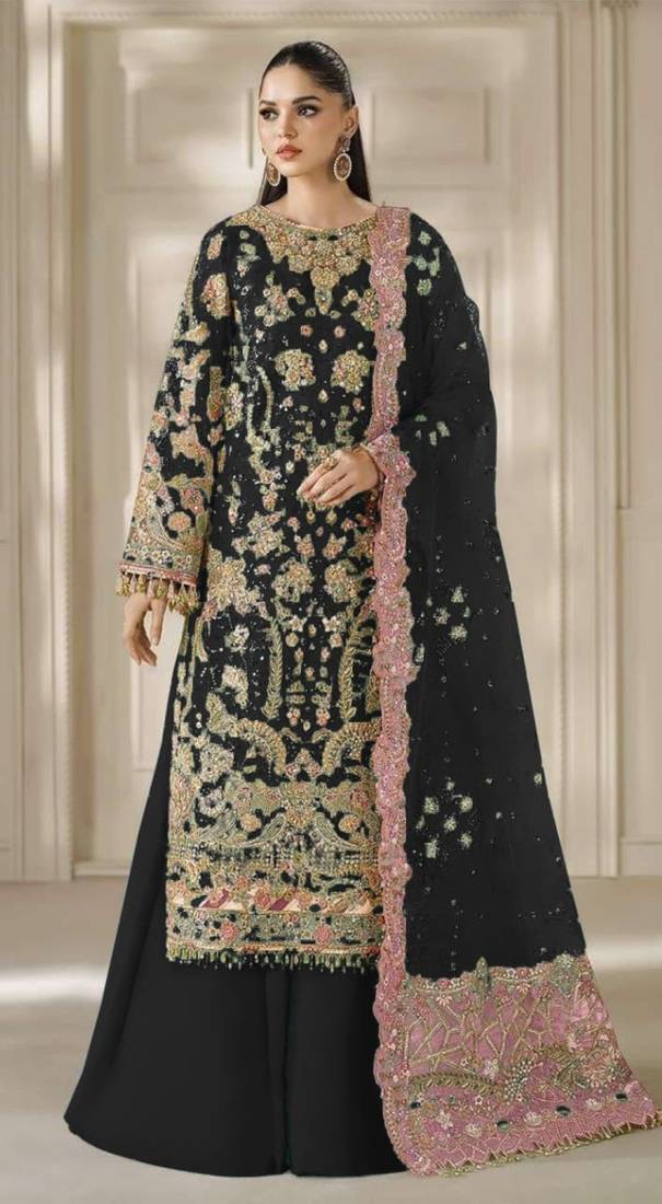 black chiffon semi stitched suit with embroidery & sequence work