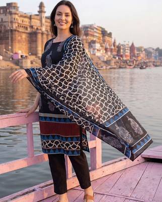 Women Ethnic Motifs Printed Cotton Kurta with Trousers & With Dupatta 5