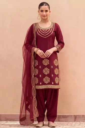 Maroon Silk Unstitched Suit with Embroidery & Real Mirror Work
