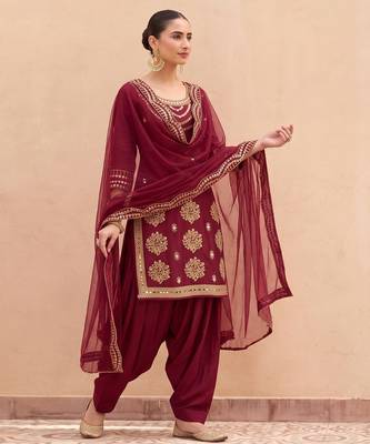 maroon silk blend unstitched suit with embroidery & real mirror work 2