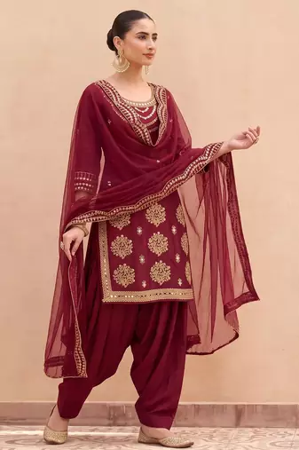 Maroon Silk Unstitched Suit with Embroidery & Real Mirror Work