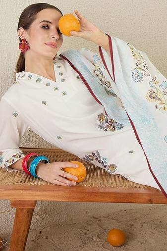 Women Floral Embroidered Cotton Kurta with Trousers & Dupatta