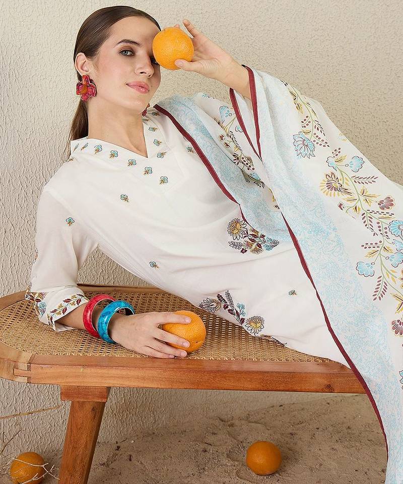 Women Floral Embroidered Cotton Kurta with Trousers & Dupatta