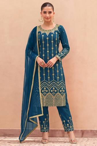 Teal Silk Unstitched Suit with Embroidery & Real Mirror Work