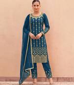 teal silk blend unstitched suit with embroidery & real mirror work