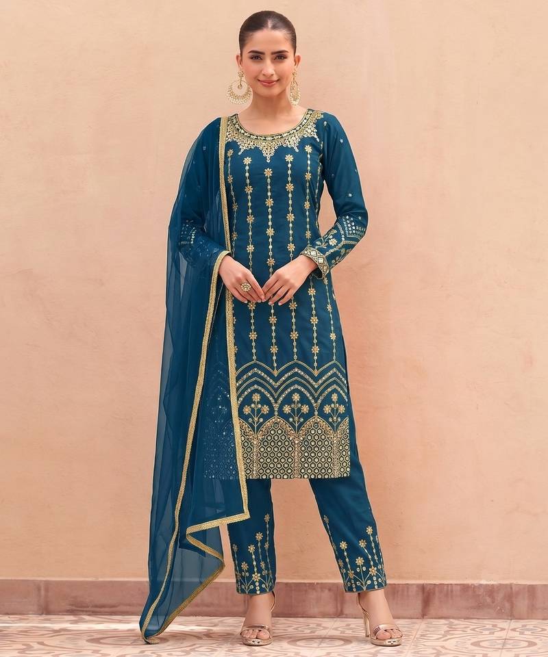 teal silk blend unstitched suit with embroidery & real mirror work