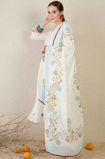 Women Floral Embroidered Cotton Kurta with Trousers & Dupatta