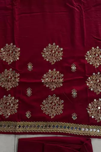 Maroon Silk Unstitched Suit with Embroidery & Real Mirror Work