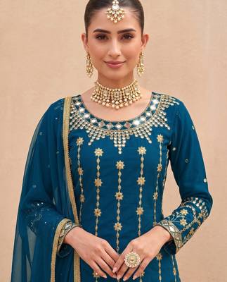 teal silk blend unstitched suit with embroidery & real mirror work 2
