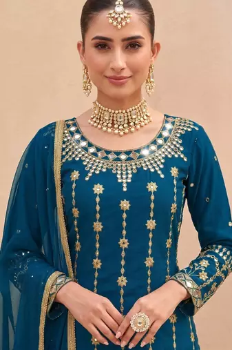Teal Silk Unstitched Suit with Embroidery & Real Mirror Work