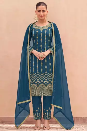 Teal Silk Unstitched Suit with Embroidery & Real Mirror Work