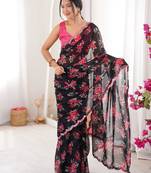 Black chiffon digital print scallped border foil mirror work saree