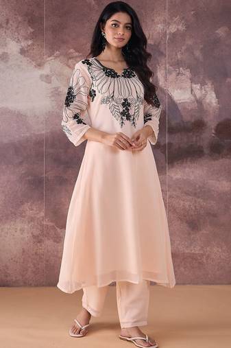 Floral Embroidered V-Neck Thread Work A-Line Kurta with Trousers
