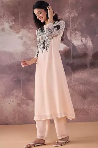 Floral Embroidered V-Neck Thread Work A-Line Kurta with Trousers