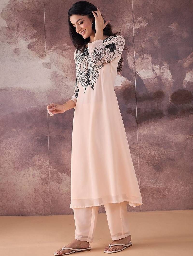 Floral Embroidered V-Neck Thread Work A-Line Kurta with Trousers