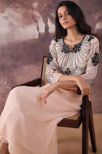Floral Embroidered V-Neck Thread Work A-Line Kurta with Trousers