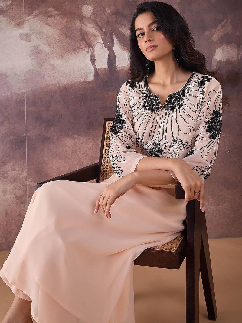 Floral Embroidered V-Neck Thread Work A-Line Kurta with Trousers