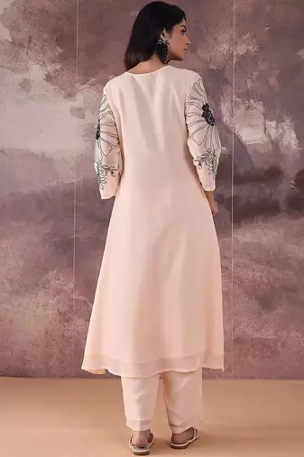 Floral Embroidered V-Neck Thread Work A-Line Kurta with Trousers