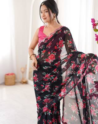 Black chiffon digital print scallped border foil mirror work saree 2