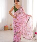 Pink chiffon digital print scallped border foil mirror work saree