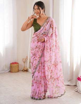 Pink chiffon digital print scallped border foil mirror work saree 2