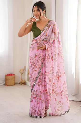 Pink chiffon digital print scallped border foil mirror work saree