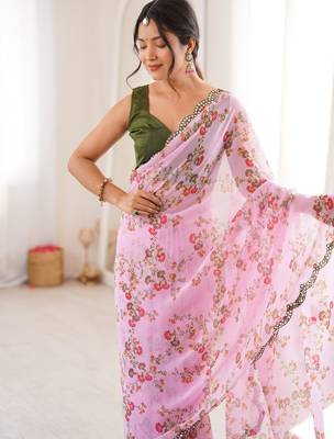 Pink chiffon digital print scallped border foil mirror work saree 3