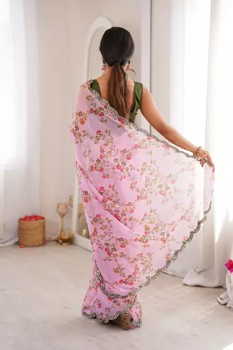 Pink chiffon digital print scallped border foil mirror work saree