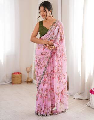 Pink chiffon digital print scallped border foil mirror work saree 5