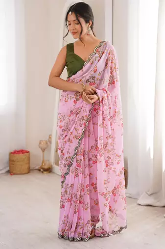 Pink chiffon digital print scallped border foil mirror work saree