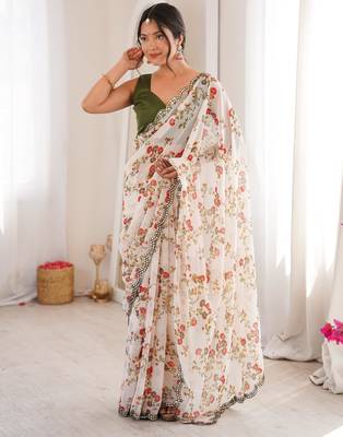 White chiffon digital print scallped border foil mirror work saree 1