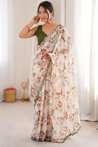 White chiffon digital print scallped border foil mirror work saree