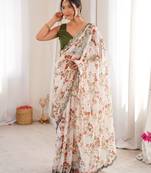 White chiffon digital print scallped border foil mirror work saree