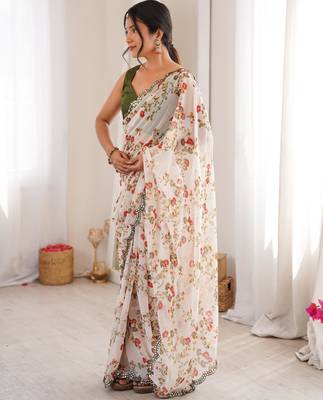 White chiffon digital print scallped border foil mirror work saree 2