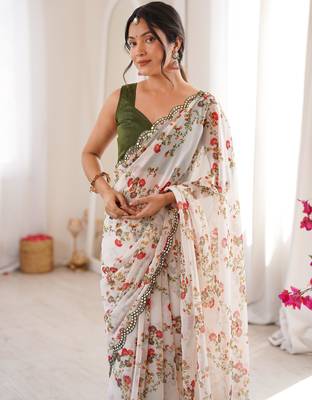 White chiffon digital print scallped border foil mirror work saree 4