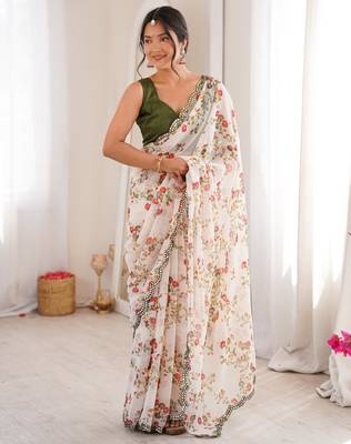 White chiffon digital print scallped border foil mirror work saree 5