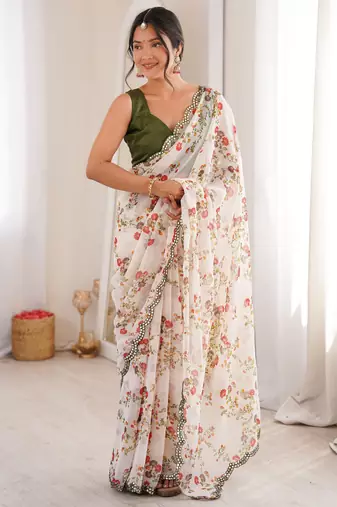 White chiffon digital print scallped border foil mirror work saree