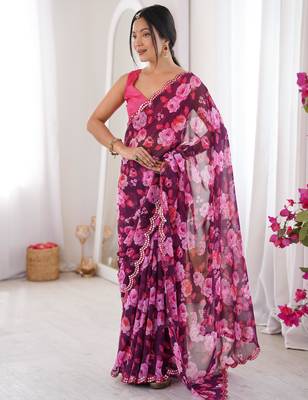 Wine chiffon digital print scallped border foil mirror work saree 1