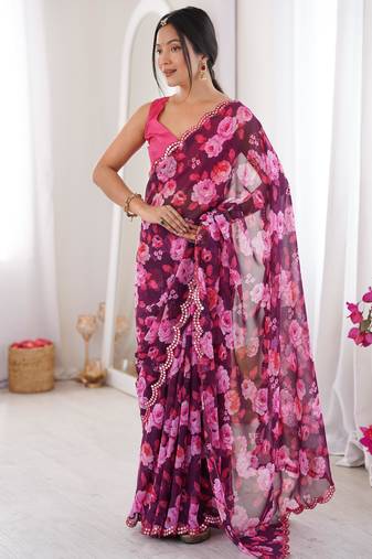 Wine chiffon digital print scallped border foil mirror work saree