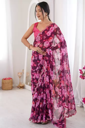 Wine chiffon digital print scallped border foil mirror work saree