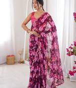 Wine chiffon digital print scallped border foil mirror work saree