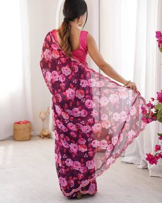 Wine chiffon digital print scallped border foil mirror work saree 3