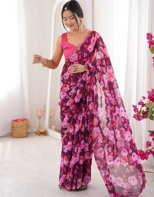 Wine chiffon digital print scallped border foil mirror work saree 4