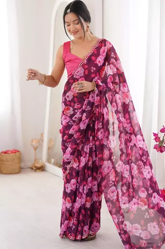 Wine chiffon digital print scallped border foil mirror work saree