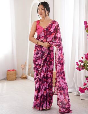 Wine chiffon digital print scallped border foil mirror work saree 5
